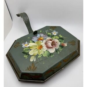 Vintage 1940's Floral Toleware Octagonal Silent Butler‎ Metal Box 8.75"x6.5"